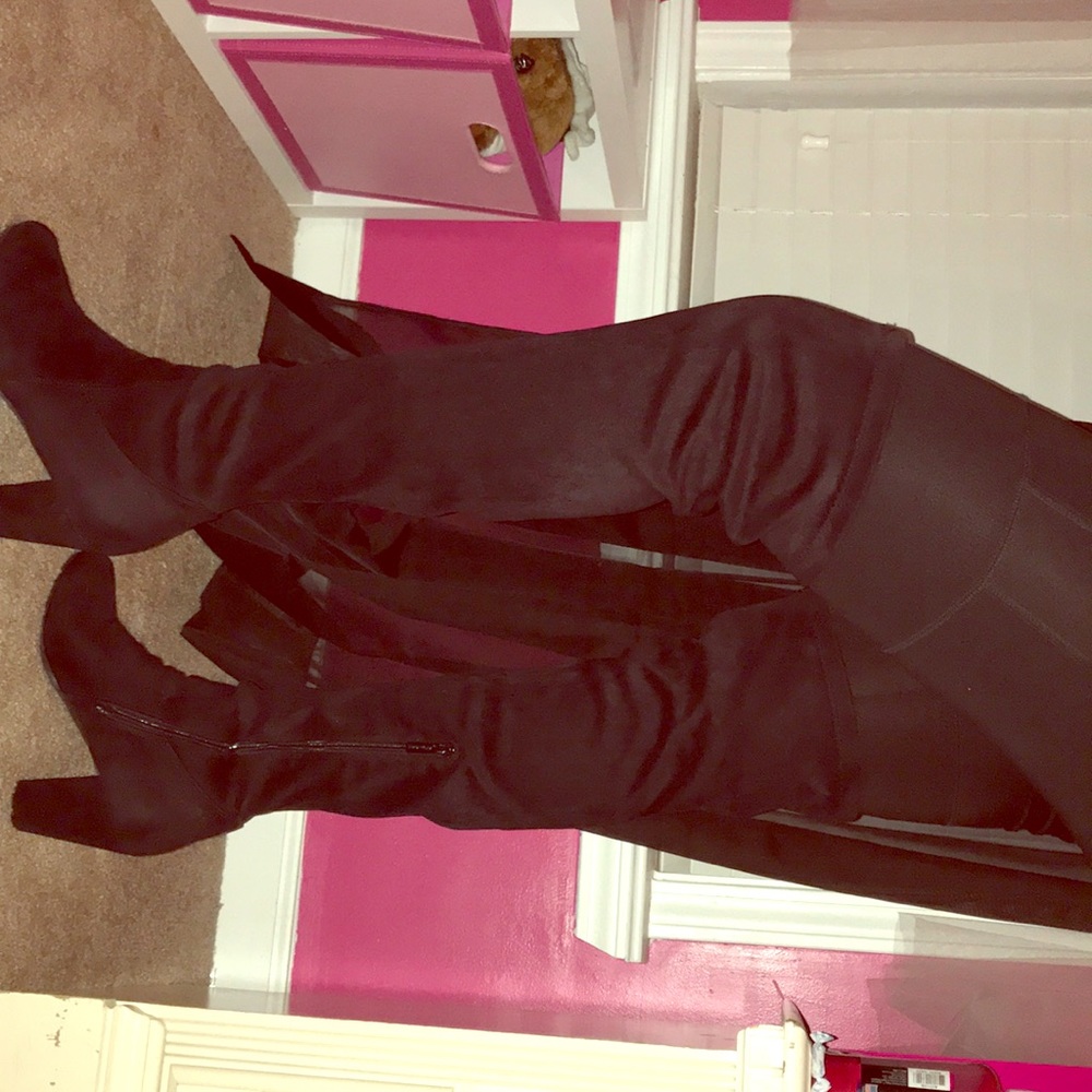 Black suede thigh high boots